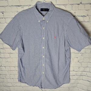 Ralph Lauren Men's Navy and White Striped Shirt With Pink Pony Size XL